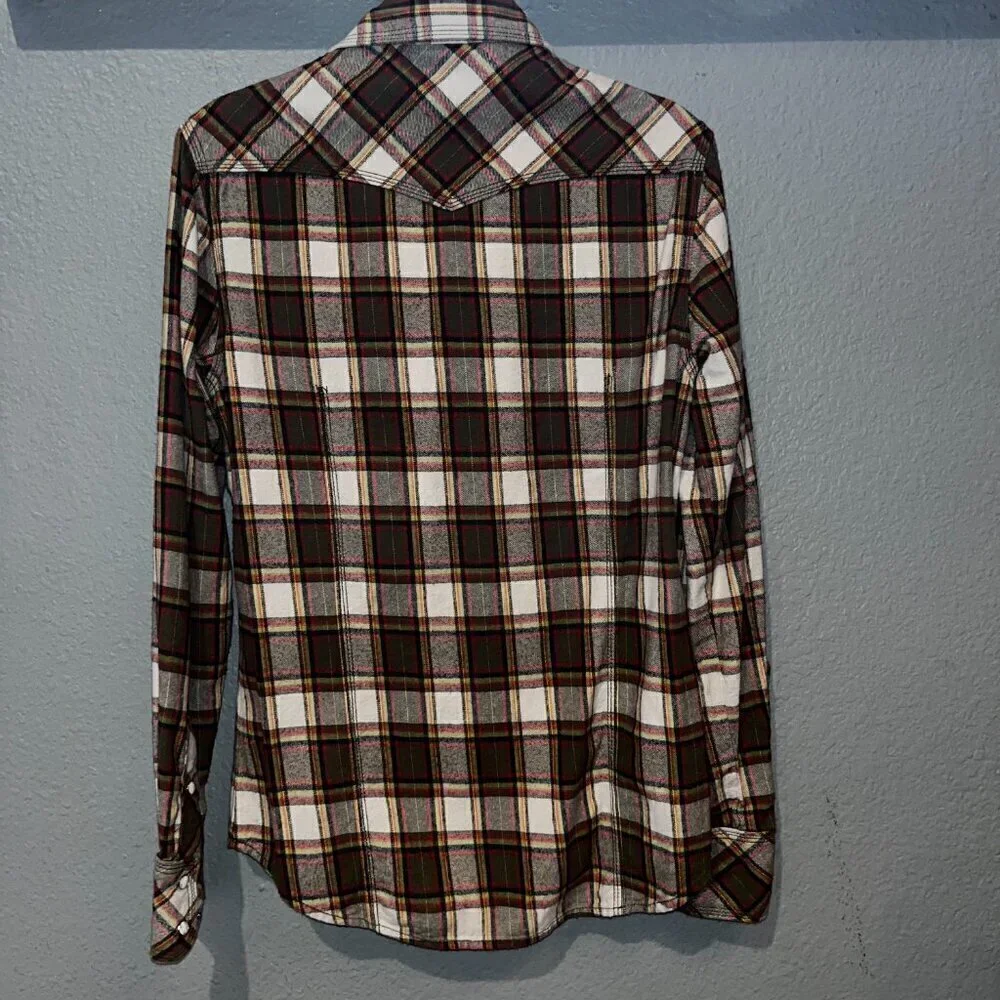 TRUE RELIGION Western Snap Front Horseshoe Pocket Plaid Flannel Shirt Men's  S